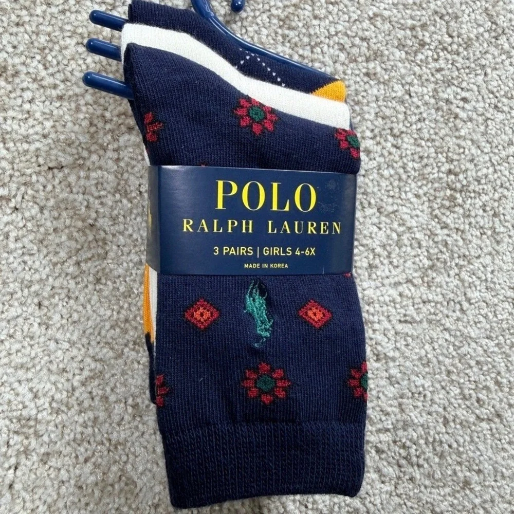 Polo Ralph Lauren Girls 3 Pack Crew Socks Navy Argyle White Varsity Size 4-6X
